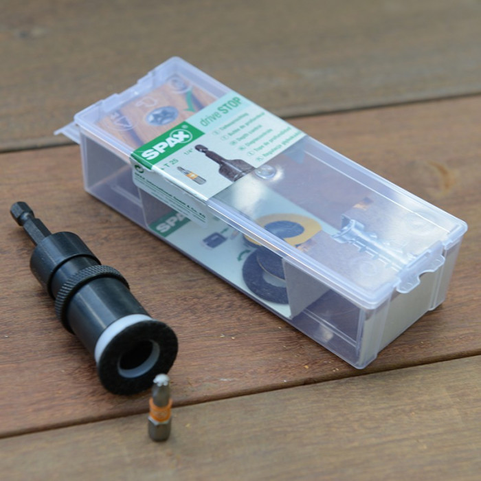 Porte embout avec butée de profondeur spax pour pose terrasse bois Porte embout avec butée de profondeur spax pour pose terrasse bois