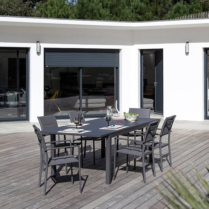 Ensemble salon de jardin 6 personnes - Table extensible Trieste gris - Fauteuil Milan gris - Alizé Ensemble salon de jardin 6 personnes - Table extensible Trieste gris - Fauteuil Milan gris - Alizé