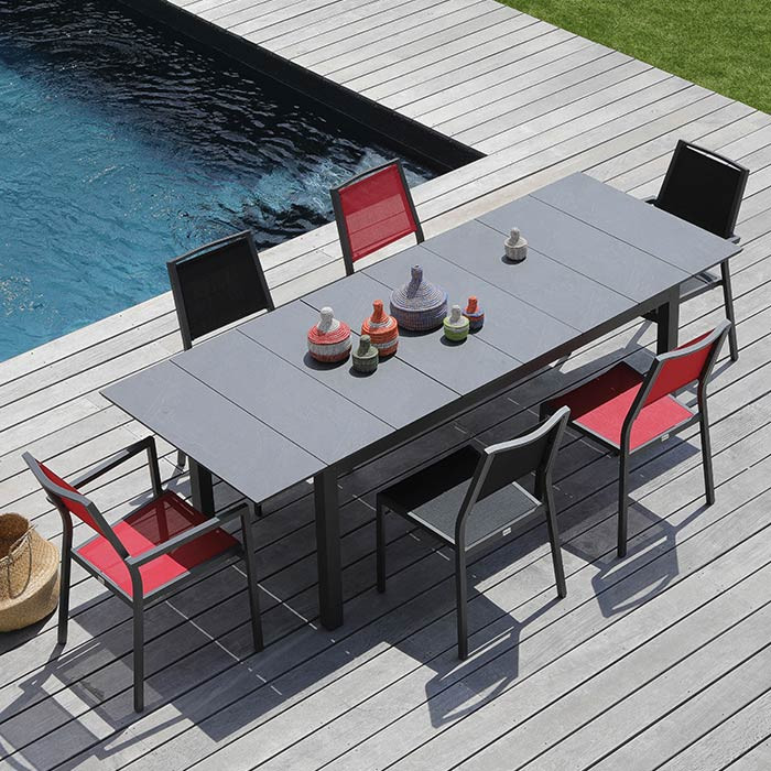 Ensemble salon de jardin 6 personnes - Table extensible Tahaa gris - Fauteuil Florence rouge - Alizé Ensemble salon de jardin 6 personnes - Table extensible Tahaa gris - Fauteuil Florence rouge - Alizé
