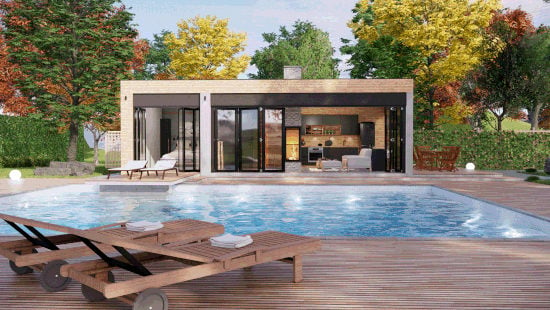 Pinterest – Le pool house avec cuisine équipée se transforme en véritable petite maison en bord de piscine : on adore !